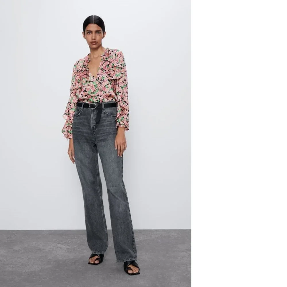 ZARA Women's Size Medium Pink Floral Long Sleeve V-Neck Ruffle Loose Blouse Top - Picture 8 of 11